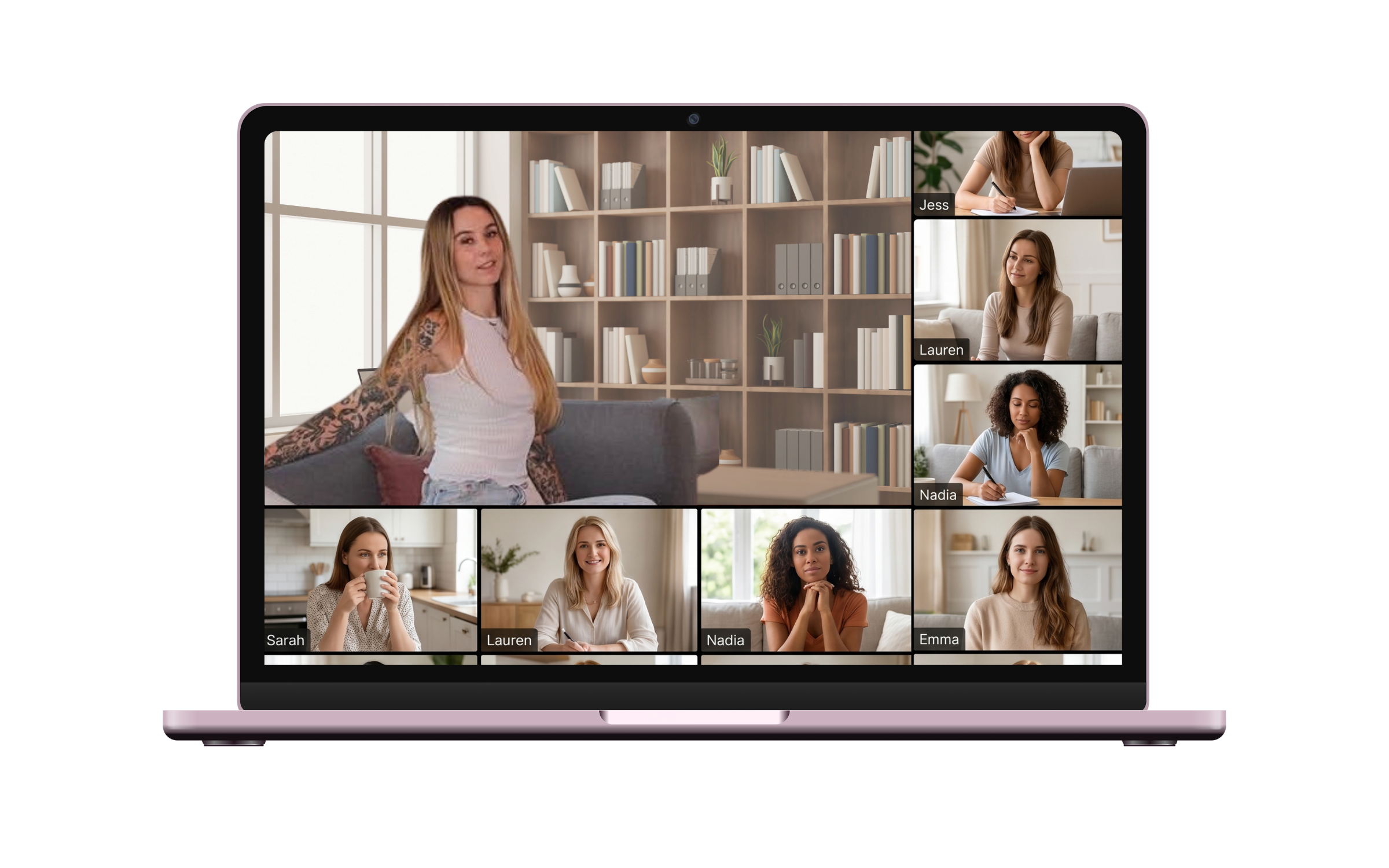 A laptop showing the live Zoom masterclass where Ellie teaches East Bay first-time buyers how to read a house structurally before making an offer.